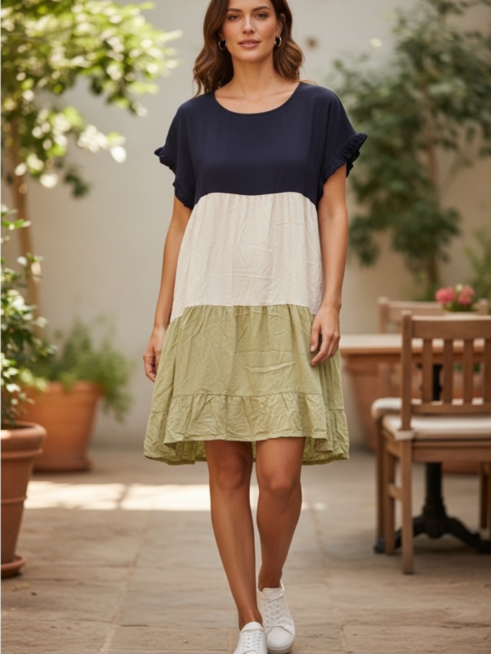 Colorblock Short Sleeve Tiered Dress in Navy, Cream & Olive